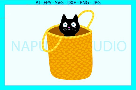 Cat Black and Basket Svg